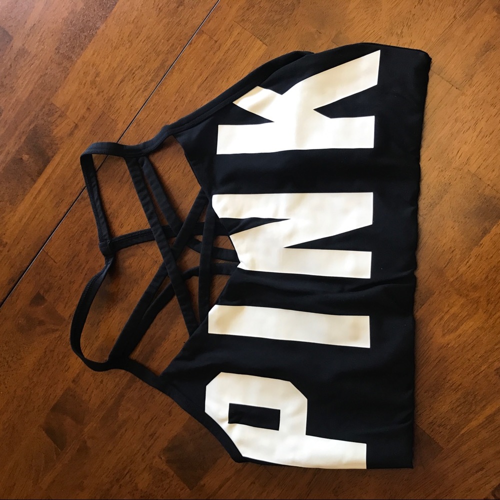PINK black and white  logo strappy sports bra